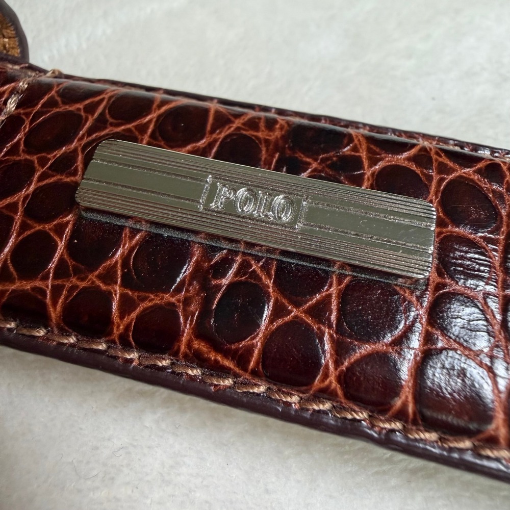 Polo Ralph Lauren Belt Mens 56 Brown Crocodile Embossed Italian Leather Silver - Picture 11 of 11